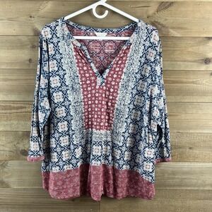 Lucky Brand Womens Shirt 3/4 Sleeve Vneck Floral Geometric Boho Americana 2X